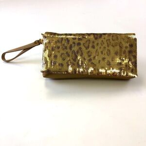 Gold leopard sequin flap satin body wristlet evening bag NEW with tags